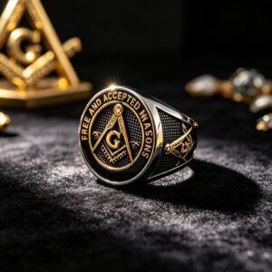 Stainless steel Masonic signet ring with square and compass detail