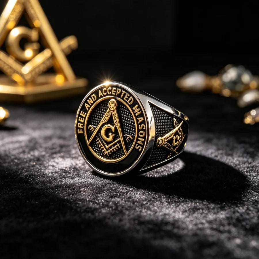 Stainless steel Masonic signet ring with square and compass detail