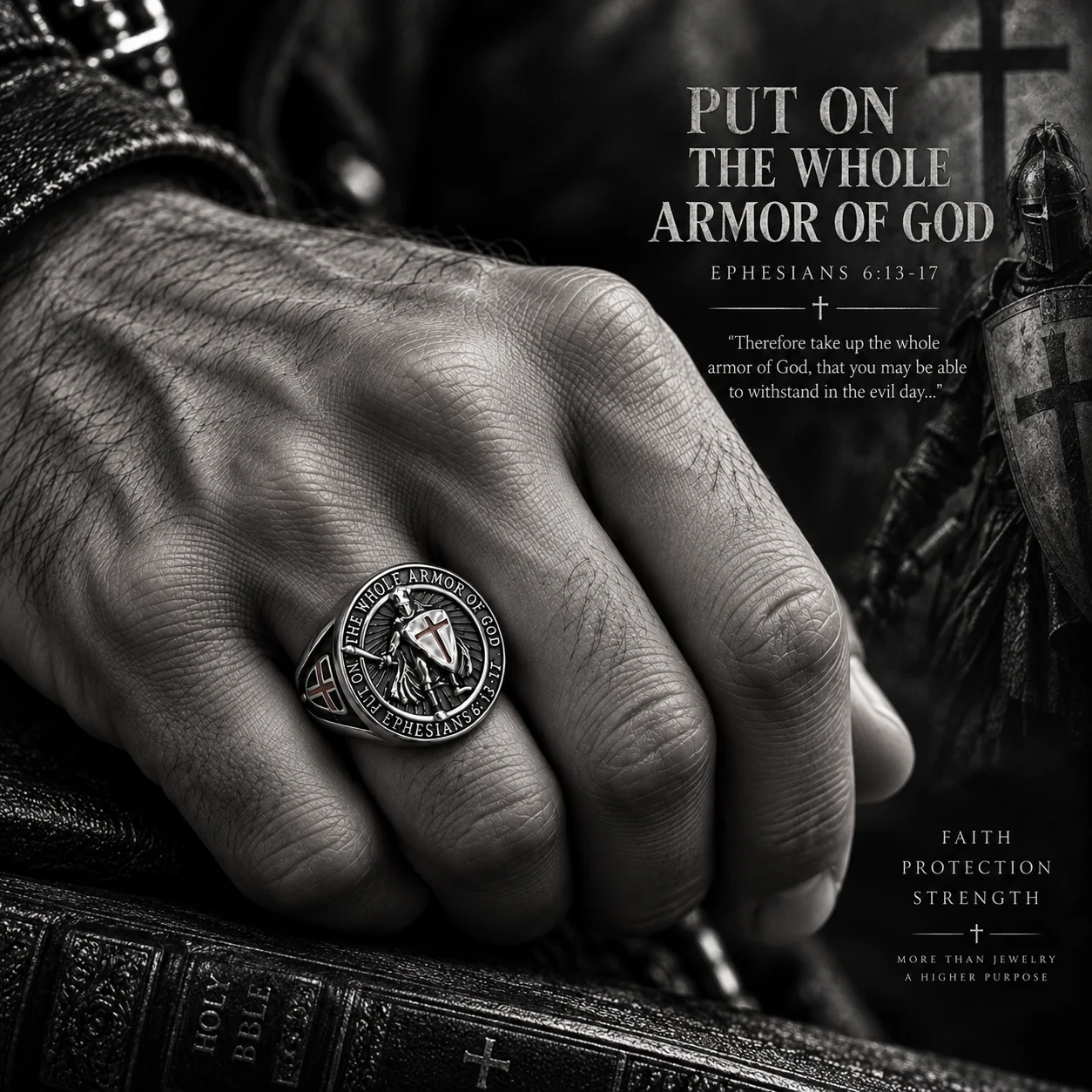 Templar shield ring worn on a hand, with 'Put on the whole armor of God' text.
