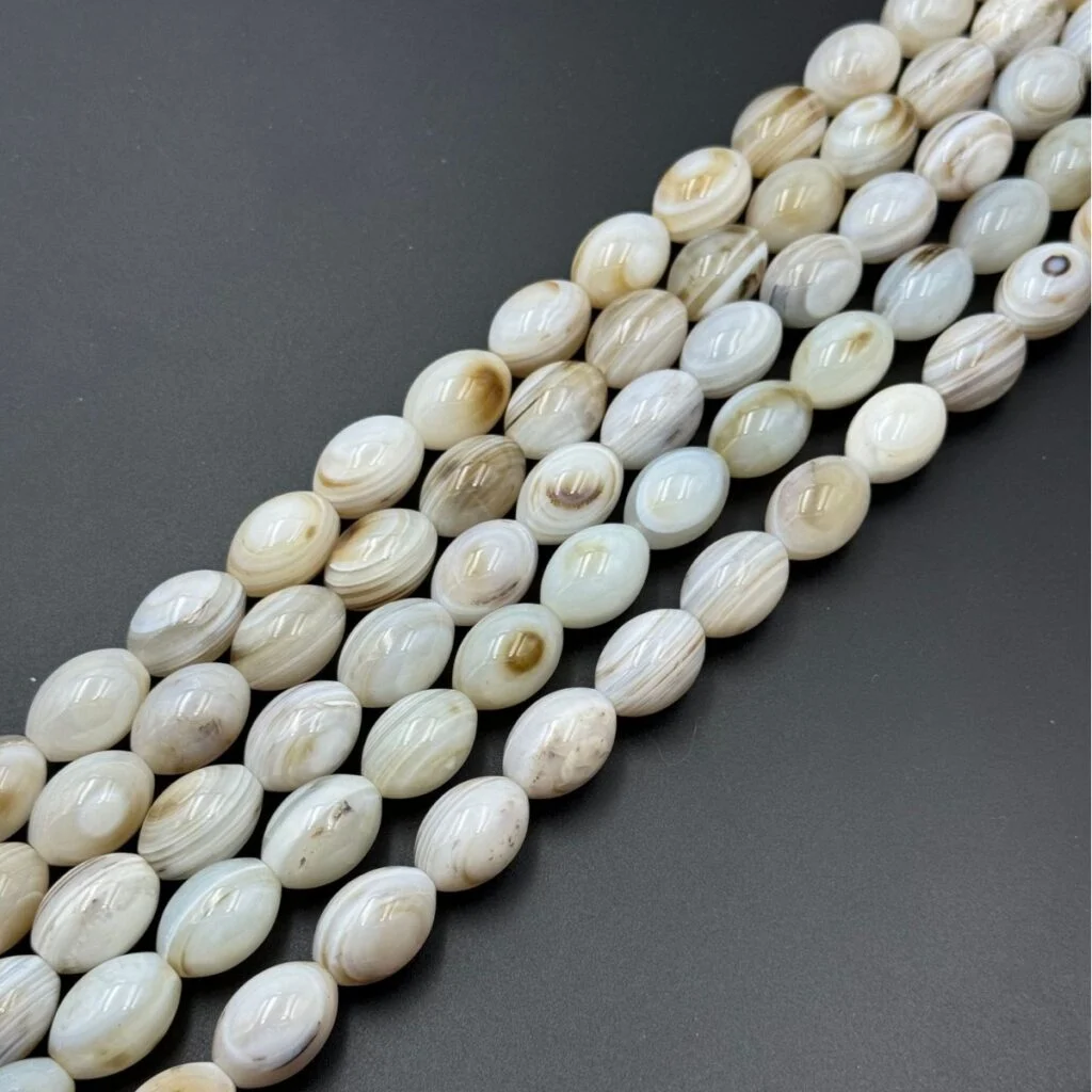 White agate and chalcedony rice bead strands