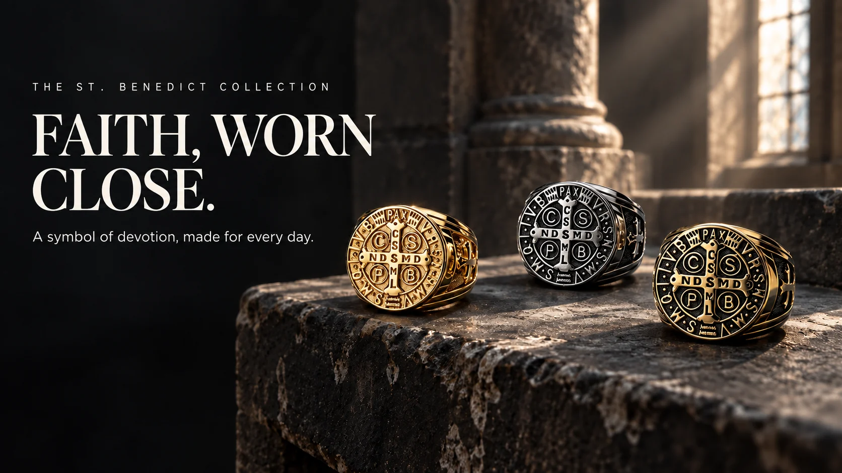 Three Saint Benedict signet rings in gold, silver and black; Faith, worn close.