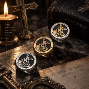 Three Saint Michael rings in silver-tone, gold-tone and two-tone finishes beside a Bible and cross.