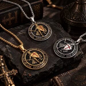 Knights Templar Men's Pendant with 23.62in Pearl Necklace, 316 Stainless Steel