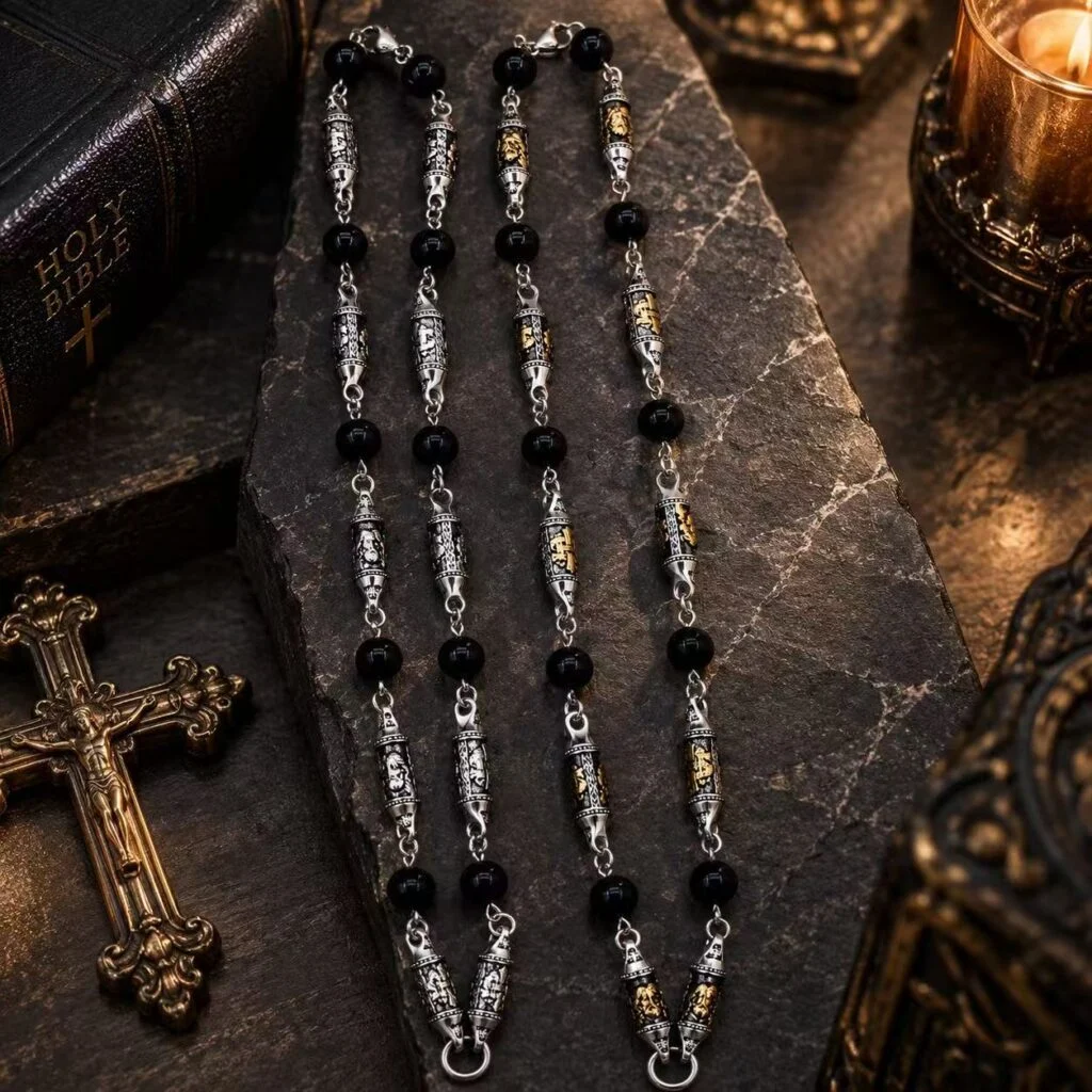 Religious Motif Obsidian Bead Necklace